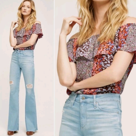 Maeve Tops - Maeve Floral Paisley Off Shoulder Ruffle Top Shirt